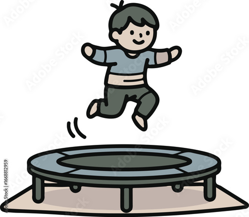 Happy cartoon boy with black hair and grey clothes jumping joyfully on a round mini trampoline.