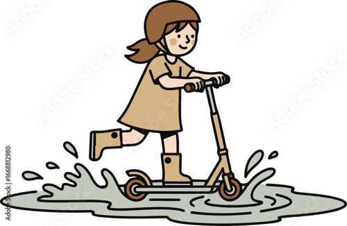 A happy cartoon girl in a helmet and rain boots joyfully rides her kick scooter through a splashing puddle.