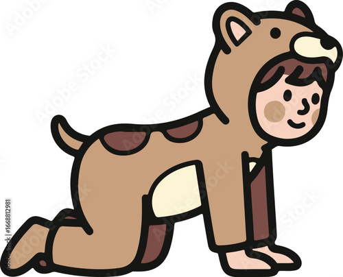 A cute cartoon character wearing a spotted brown dog costume, crawling with a happy expression.