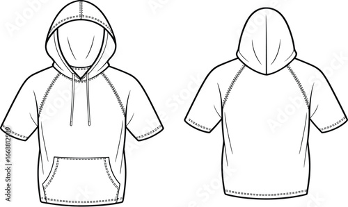 Vector illustration of short sleeve hoodie with front kangaroo pocket, adjustable hood strings, raglan sleeves, front and back views design.