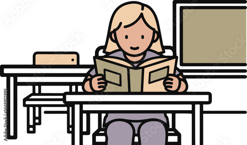A smiling cartoon student with blonde hair sitting at a desk, happily engaged in reading an open book.