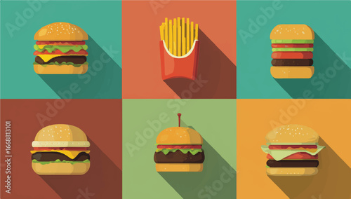 Delicious Cartoon Hamburgers and French Fries Collage with Flat Design Style for Fast Food Restaurant Promotions