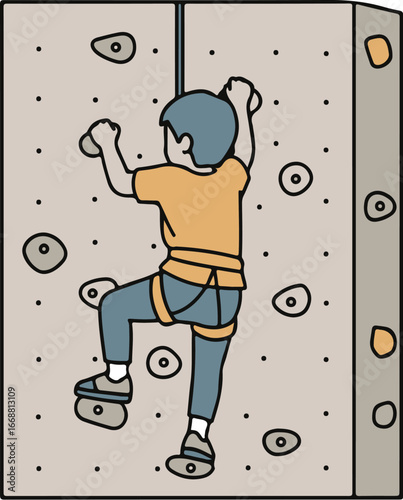 Illustration of a young climber with blue hair and an orange shirt ascending an indoor rock wall.