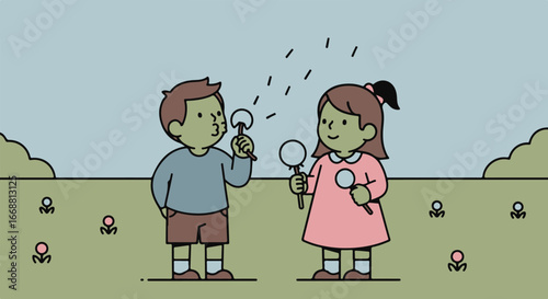 A cartoon boy in a blue shirt blows a dandelion next to a girl in a pink dress holding magnifying glasses.
