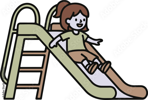 Cartoon illustration of a happy young girl with a ponytail sliding down a green playground slide.