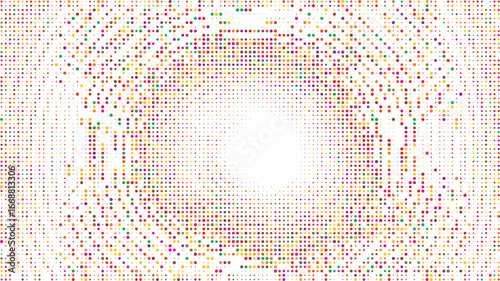 Vibrant multicolor halftone explosion. An abstract radial pattern of colorful dots forming a festive concentric circle tunnel for a modern digital party background design.