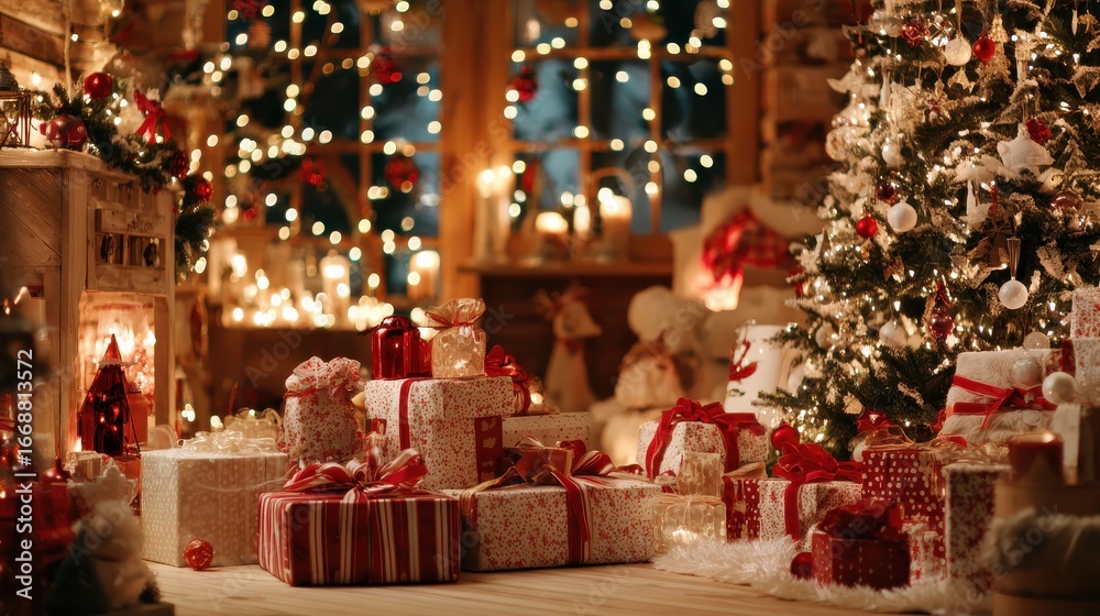 Obraz premium decorated xmas table with merry christmas gifts in cozy santa home interior banner happy new year presents boxes in workshop late in night with lights on xmas tree holiday eve background no logos no 