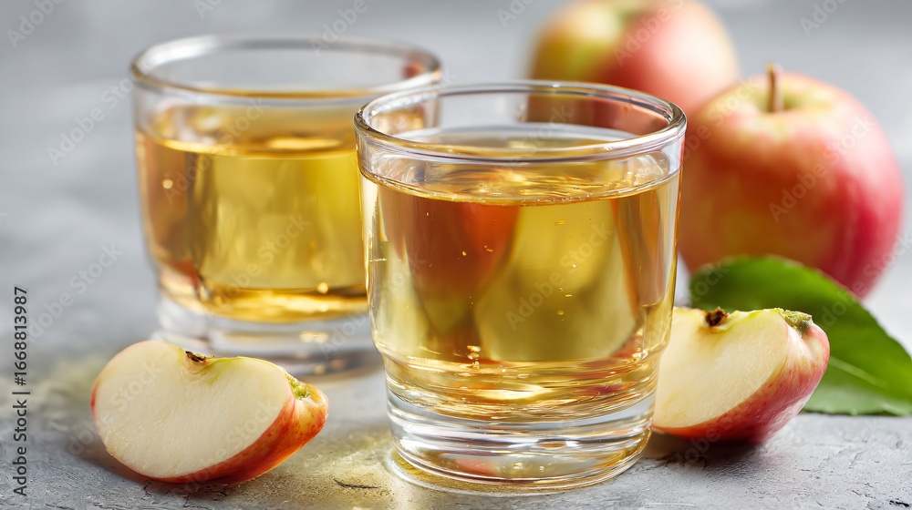 Apple juice in modern glassware with apple slices, clean countertop Apple juice in modern glassware with apple slices, clean countertop