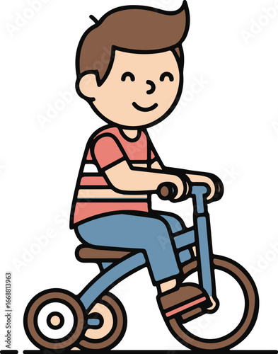 A cheerful cartoon boy with brown hair and a striped shirt happily riding a blue tricycle.
