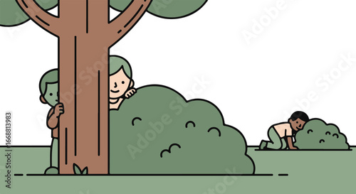 Cartoon illustration of diverse children playing hide-and-seek outdoors, hiding behind a tree and bush.
