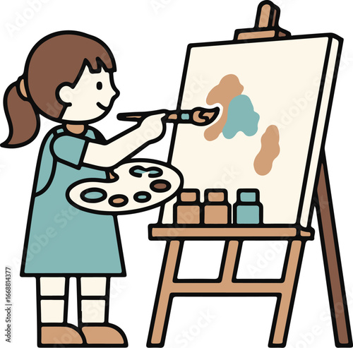 Cartoon illustration of a smiling young girl with a brown ponytail painting on a canvas at an easel.