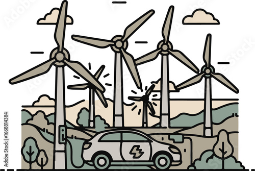 Stylized line art illustration of an electric car charging at a modern wind turbine farm in a green, hilly landscape.