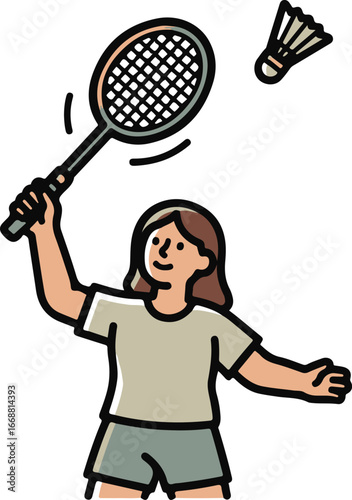 Stylized cartoon illustration of a smiling girl with brown hair playing badminton, racket raised to hit the shuttlecock.