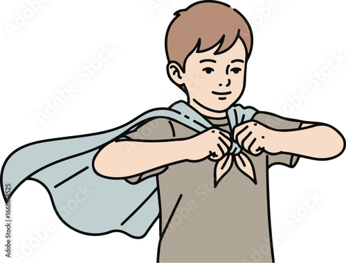 Confident cartoon boy with brown hair tying a neckerchief, wearing a flowing light blue cape.