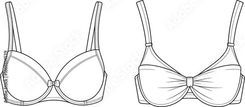 Vector illustration of two stylish women’s bras with detailed stitching, adjustable straps, bow center decoration, front and back views for lingerie design
