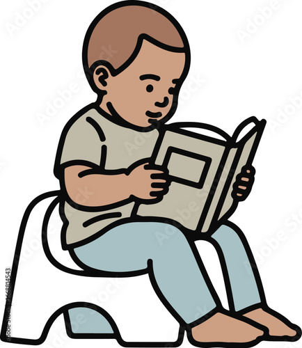 A young toddler boy with brown hair reading a book while potty training on a white chair.