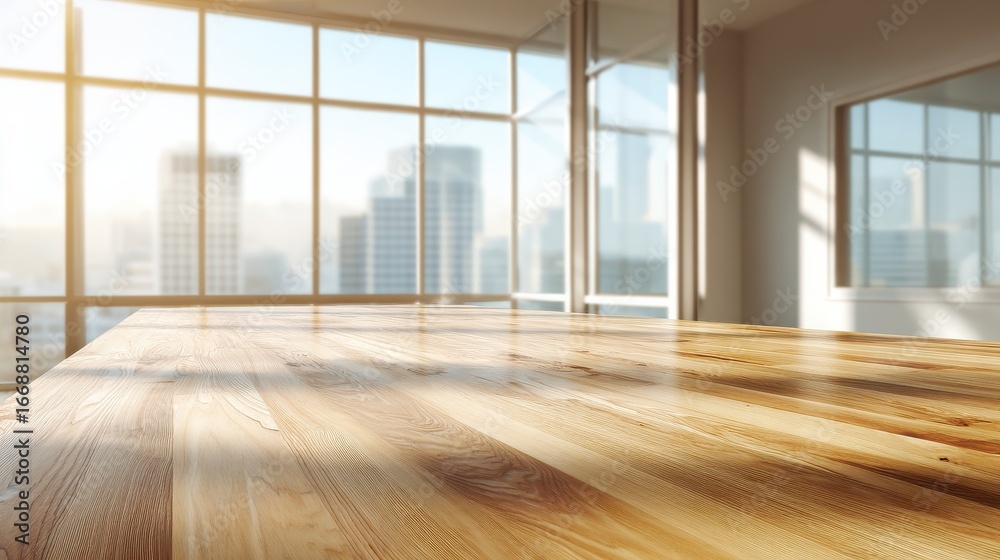 Fototapeta premium wooden table in sunny office with big windows no logos no brands ar 169