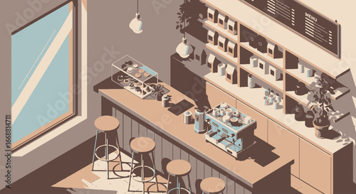 Isometric Illustration of a Modern Coffee Shop Interior Design with Seating and Equipment for Use in Advertising and Visualizing Café Concepts