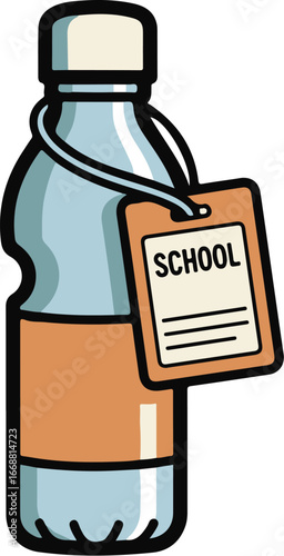 Cartoon illustration of a reusable water bottle with a SCHOOL name tag.