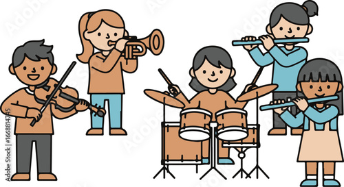 A diverse group of happy cartoon children playing violin, trumpet, drums, and flutes in a band.