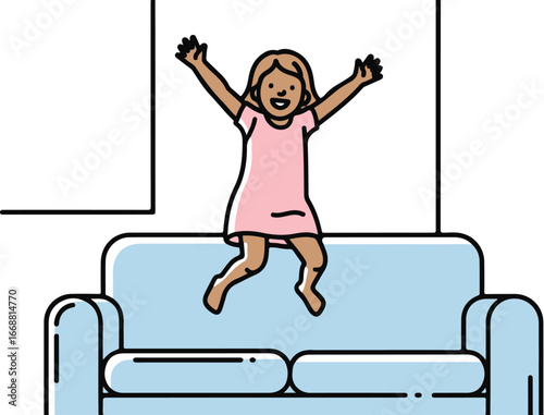 Illustrated happy girl in a pink dress jumping on a blue sofa, with arms raised in joyful excitement.
