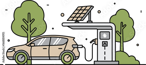 Beige electric car refueling at a solar-powered charging station. Eco-friendly transport illustration.