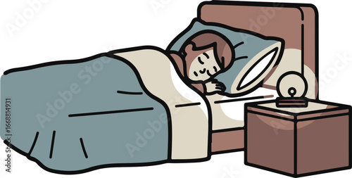 Hand-drawn cartoon illustration of a person sleeping peacefully in a cozy bed next to a nightstand lamp.