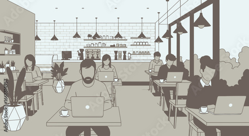 Modern Co-Working Space in a Cafe Setting, Featuring Diverse Individuals Using Laptops for Remote Work and Collaborative Projects, Ideal for Business, Education, and Lifestyle Visuals