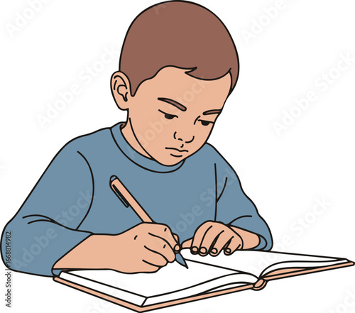 A focused young boy with brown hair and a blue shirt diligently writing in an open book.