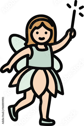 A charming cartoon fairy with light green wings and a petal dress, holding a sparkling magic wand.