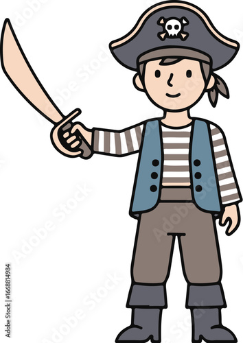Cartoon boy in a pirate costume with a skull hat, striped shirt, and holding a cutlass.