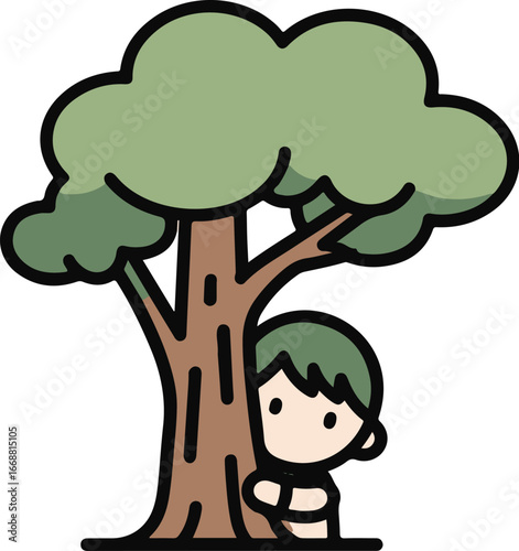 A cute cartoon child with green hair hiding playfully behind a large, leafy green tree.