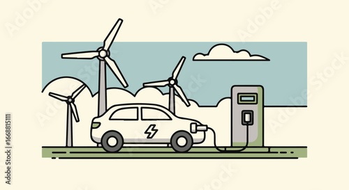White Electric Car with Lightning Bolt Symbol Plugged into a Charging Station in a Line Art Style.