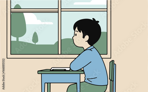 Pensive cartoon boy with black hair in a blue shirt, sitting at a school desk and gazing out the window.