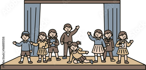 Charming hand-drawn illustration of a group of children and a teacher performing a school play on stage.