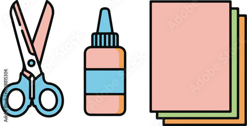 A colorful icon set of arts and crafts supplies featuring open scissors, a glue bottle, and a stack of colored paper.