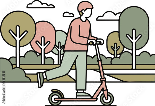 Minimalist line art illustration of a person in a helmet actively riding a modern pink kick scooter.