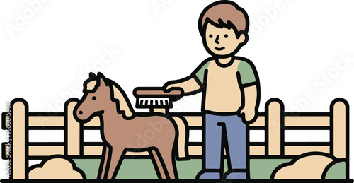 A cartoon boy with brown hair grooming a small brown pony with a brush.