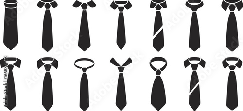 Black and white necktie icons, formal shirt collar styles, vector fashion design elements, business attire symbols, clothing accessory illustration, CAD drawing flat vector illustration