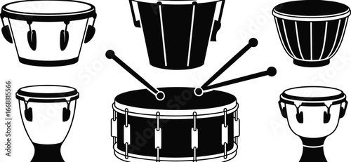 Black and white percussion drum set collection, conga, timbale, djembe, bongo, snare, musical instrument icons, CAD drawing flat vector illustration