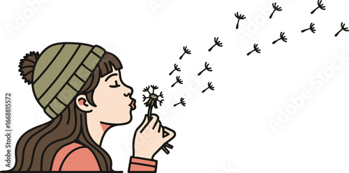 A charming hand-drawn illustration of a girl in a striped beanie blowing dandelion seeds into the air.