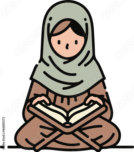 An illustrated Muslim girl in a gray hijab, sitting cross-legged while reading a book on a traditional wooden stand.