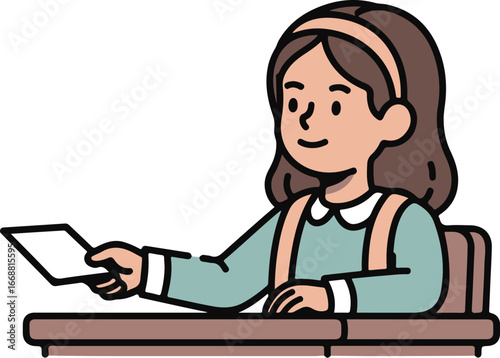 Smiling cartoon girl with a pink headband sitting at a desk, extending her hand to pass a white card.
