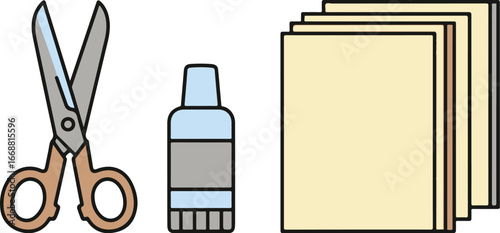 Cartoon illustration of school craft supplies - scissors, glue bottle, and stacked paper.