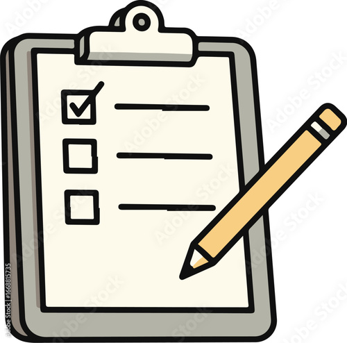 Hand-drawn cartoon clipboard with a ticked checklist and a yellow pencil, representing a completed task or survey.