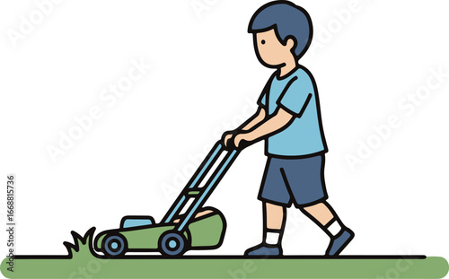 Cartoon illustration of a young boy in a blue shirt and shorts pushing a green lawnmower.