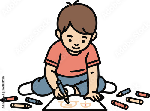 Cartoon illustration of a young boy with brown hair sitting cross-legged and drawing with crayons.