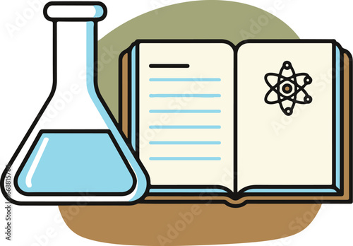Illustration of a science textbook with an atom symbol and a chemical flask with blue liquid.