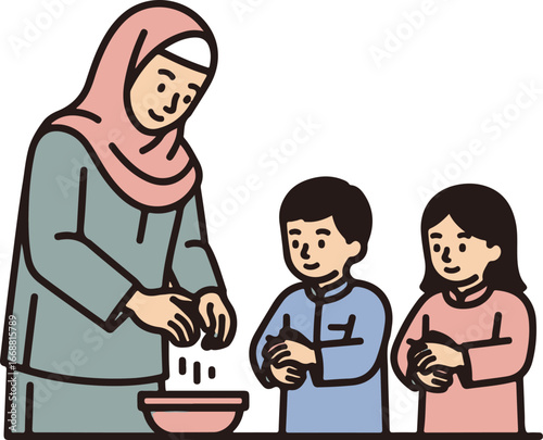 A hand-drawn illustration of a Muslim mother in a pink hijab preparing food with her two smiling children.