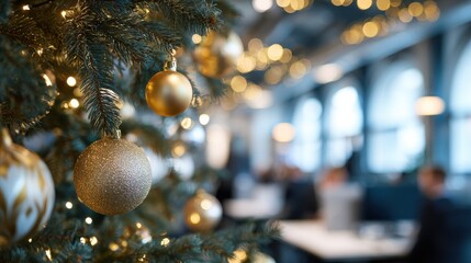 close up of decorated christmas tree in office with business people working in background xmas celebration in corporate office detail of christmas balls and lights with working office no logos no bra